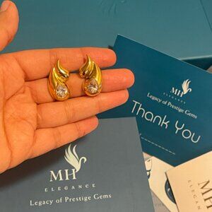 14K Gold Plated Double Teardrop Zircon Stud Earrings | Elegant Jewelry